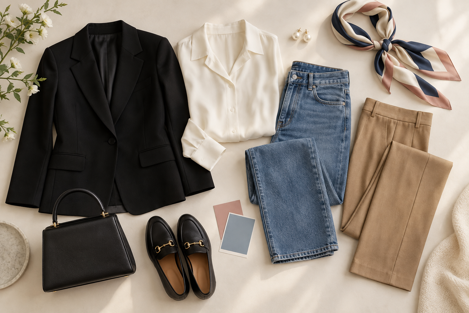 A coordinated capsule wardrobe with a blazer, blouse, jeans, trousers and accessories